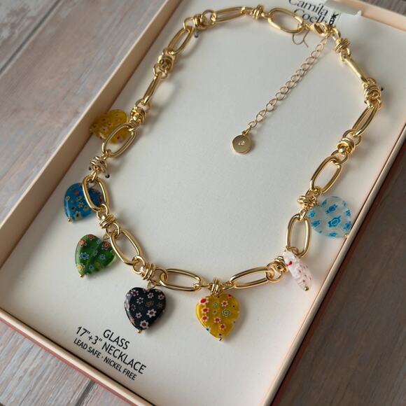 Camila Coelho Gold Charm Necklace w/ Colorful Glass Heart Charms 17”+3” - Picture 2 of 4